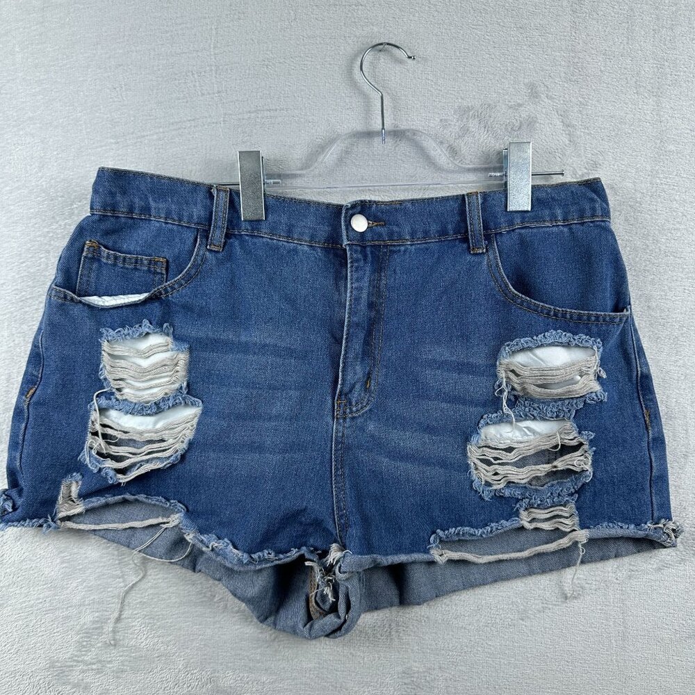 Shein Curve Cut Off Shorts Distressed Elastic Waist Womens Blue Size 2XL